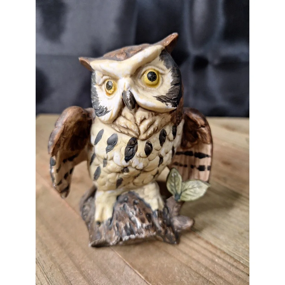Vintage Ceramic Owl Figurine Hand Painted Great Horned Owl Bird Decor 4.5 Inch